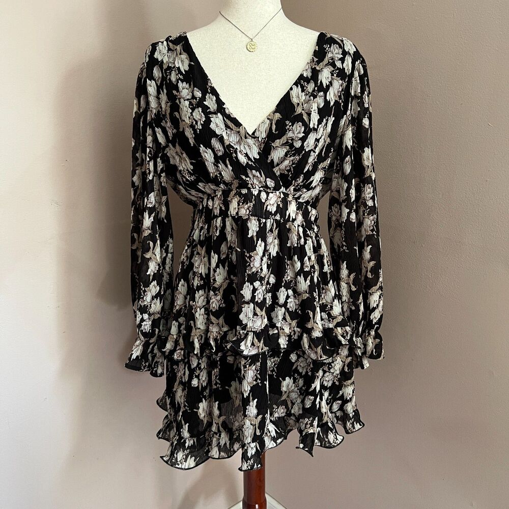 Petal and Pup Floral Mini Dress Black Ruffle Wedding Guest Romantic Date Night M